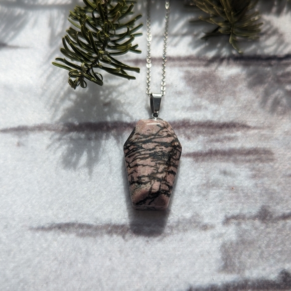 Rhodonite Coffin Stone Necklace with Stainless steel chain - Picture 2 of 3